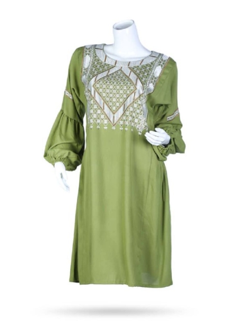 Green Cuffed Sleeves Plain Dress