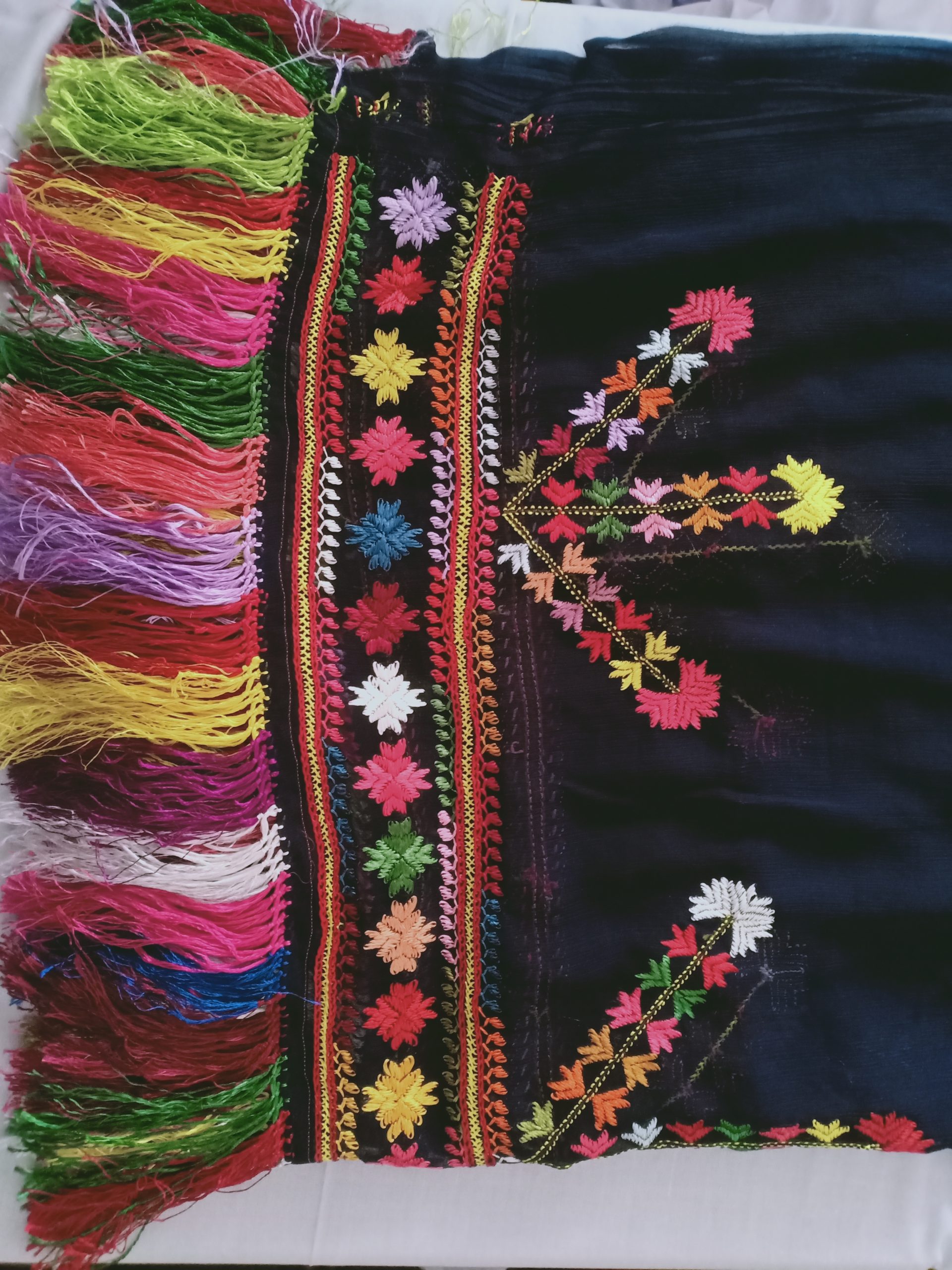 Traditional Pashtoon Embroidered Shawl with Colorful Tassels