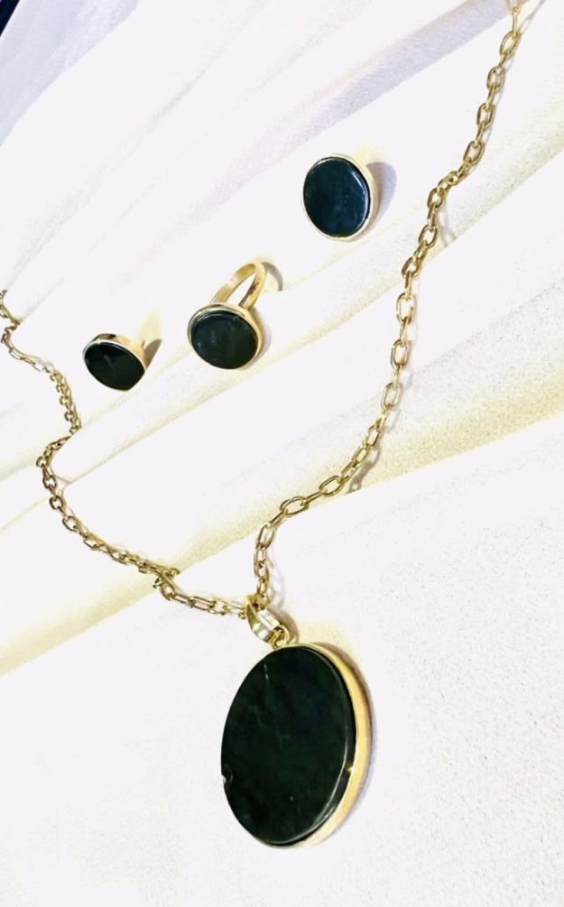 Black Agate Jewelry Set with Brass Detailing