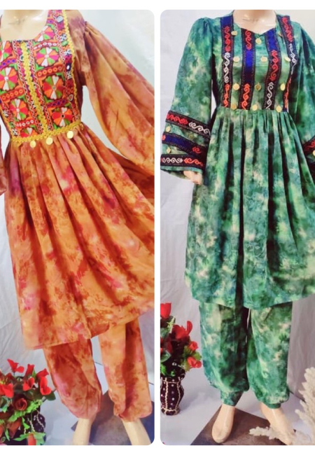 Afghan Traditional Women’s Dress – 2-Piece Georgette Set (Available in Green & Camel Colors)