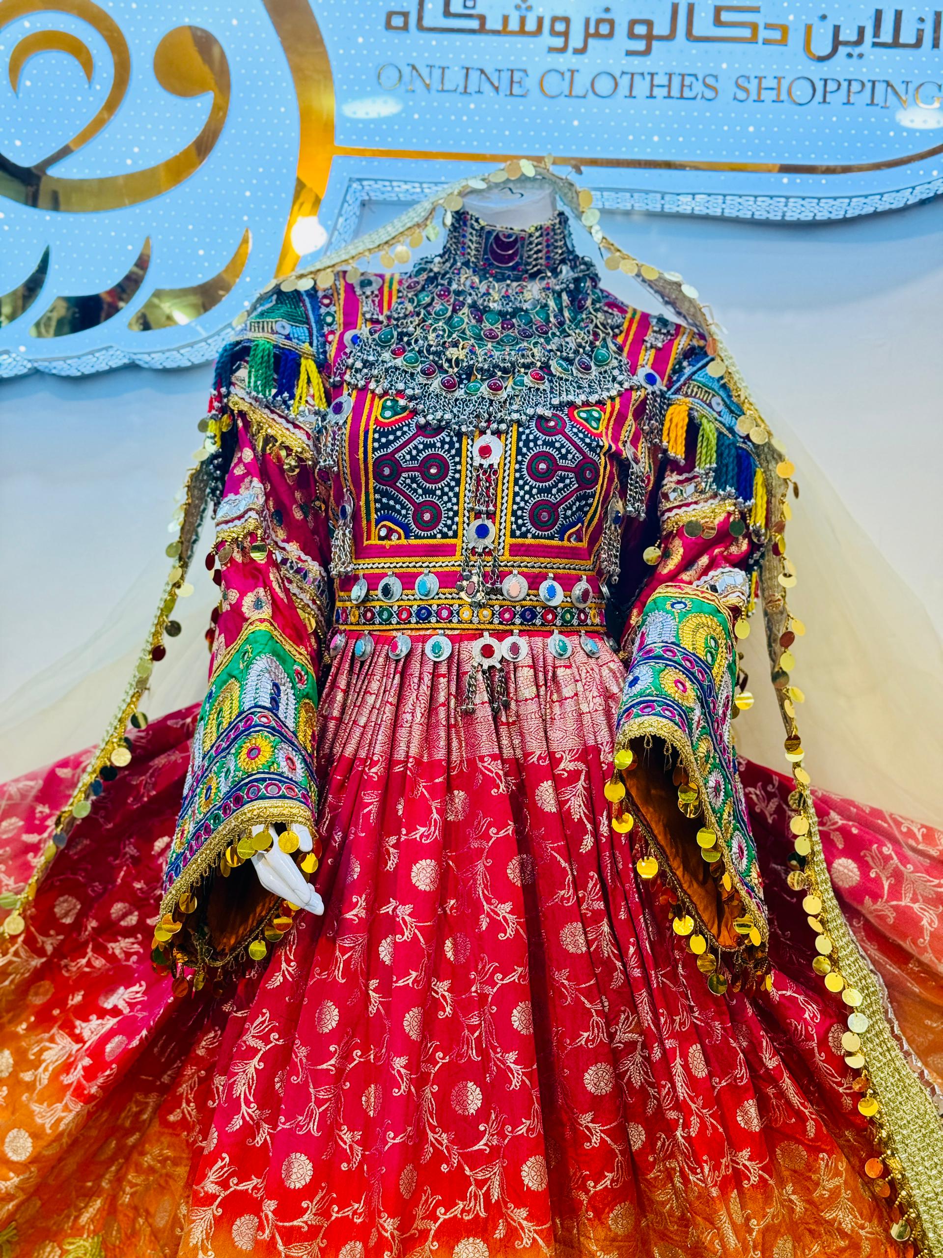 Traditional Afghan bridal Embroidered Women’s Dress – 2 Piece Set (Dress & Gauze Shawl) - Image 3