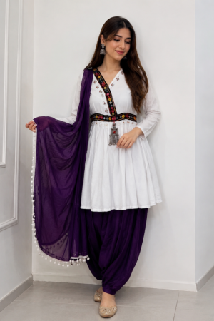 White and purple Afghan Embroidered Dress
