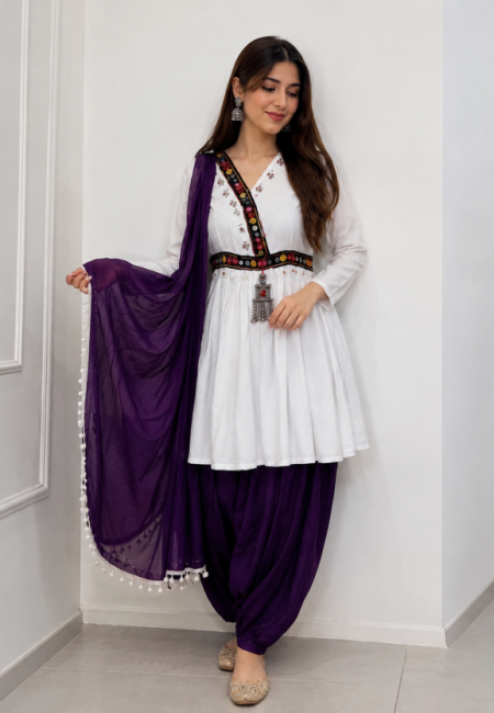 White and purple Afghan Embroidered Dress
