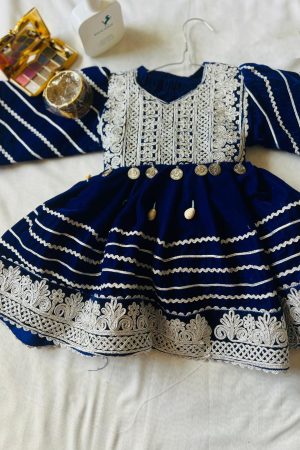 Royal Blue Afghan Velvet Girls Dress with Silver Embroidery (Age 3–4)