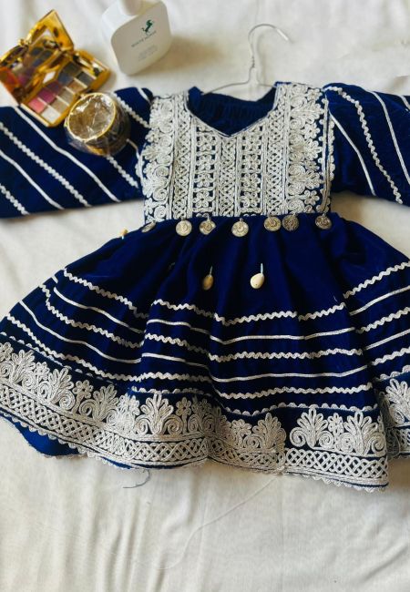 Royal Blue Afghan Velvet Girls Dress with Silver Embroidery (Age 3–4)