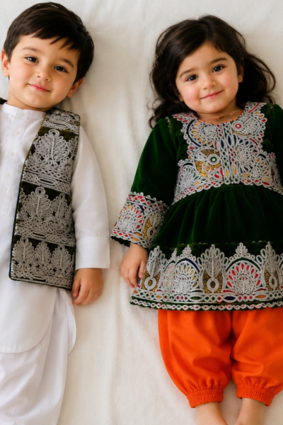 Handcrafted Afghan Kids Velvet Dress with Traditional Embroidered Waistcoat