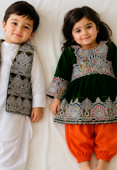Handcrafted Afghan Kids Velvet Dress with Traditional Embroidered Waistcoat