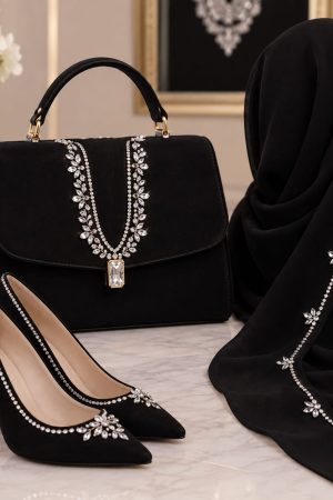 Women’s Hand-Beaded Black Bag, Shoes, and Scarf Set
