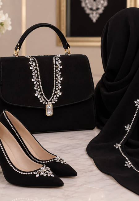 Women’s Hand-Beaded Black Bag, Shoes, and Scarf Set